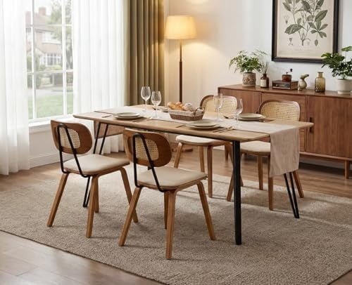 Wooden Rattan Dining Chairs Set of 2 PU Leather Beige - Kwikley