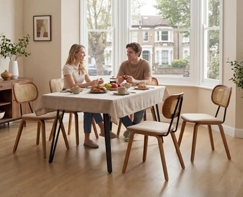 Wooden Rattan Dining Chairs Set of 2 PU Leather Beige - Kwikley