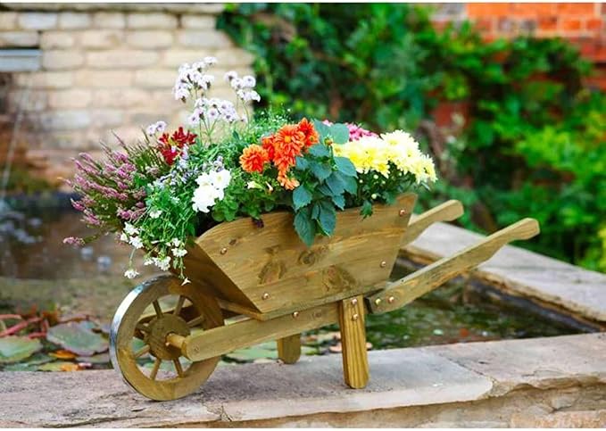 Wooden Wheelbarrow Planter Large Garden Flower Display Cart - Kwikley