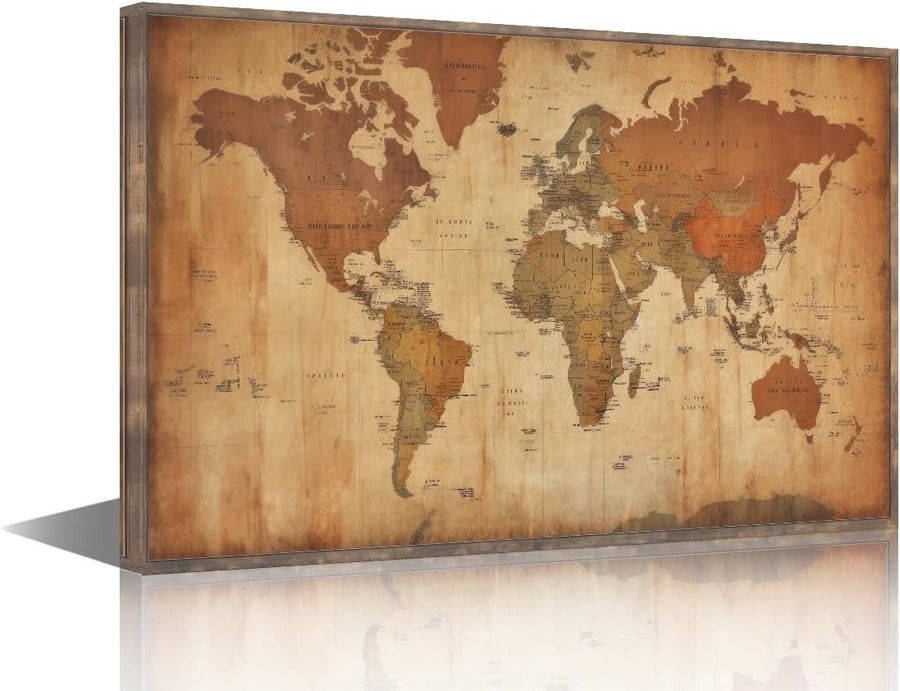 World Map Canvas Wall Art Vintage Framed 16x24in Ready to Hang - Kwikley
