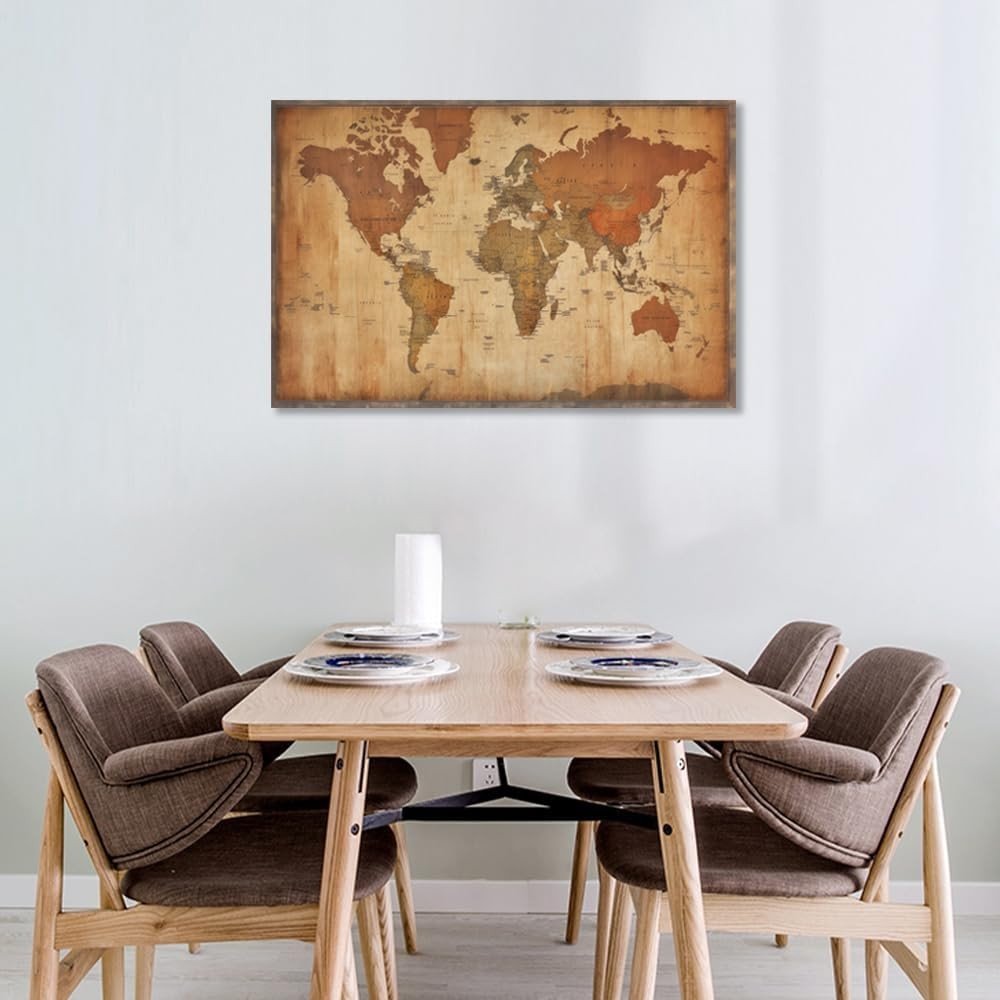 World Map Canvas Wall Art Vintage Framed 16x24in Ready to Hang - Kwikley