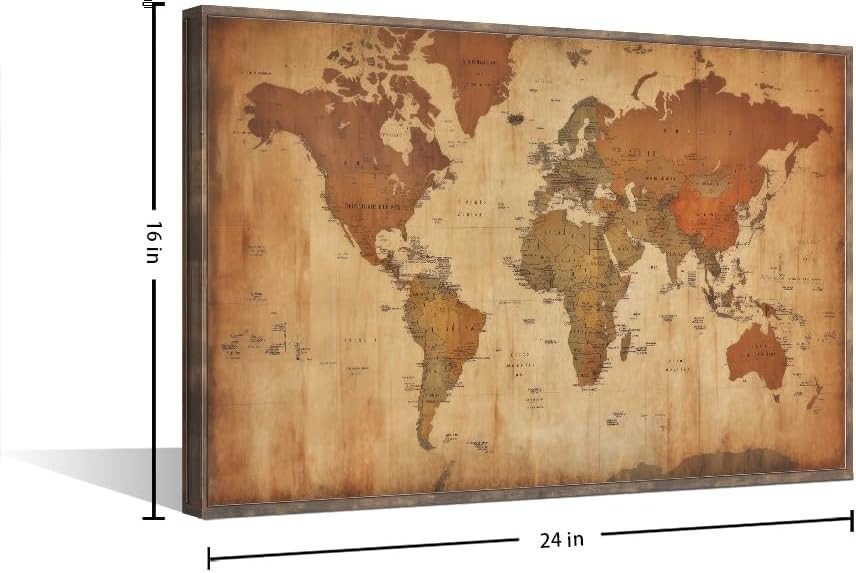 World Map Canvas Wall Art Vintage Framed 16x24in Ready to Hang - Kwikley