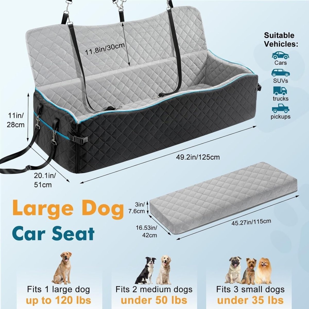 XL Dog Car Seat Bed 120lb Booster Travel Cushion Washable Backseat - Kwikley