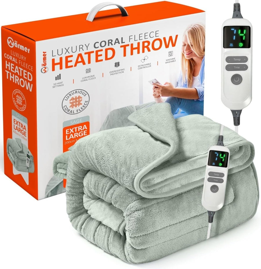 XL Electric Heated Throw Blanket 200x130cm Soft Fleece 9 Heat Auto Timer - Kwikley
