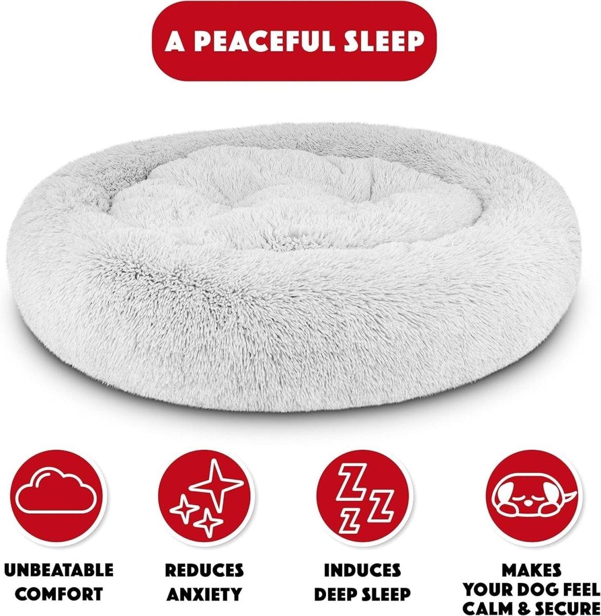 XL Plush Donut Dog Bed 114cm Calming Round Nest Ice White - Kwikley