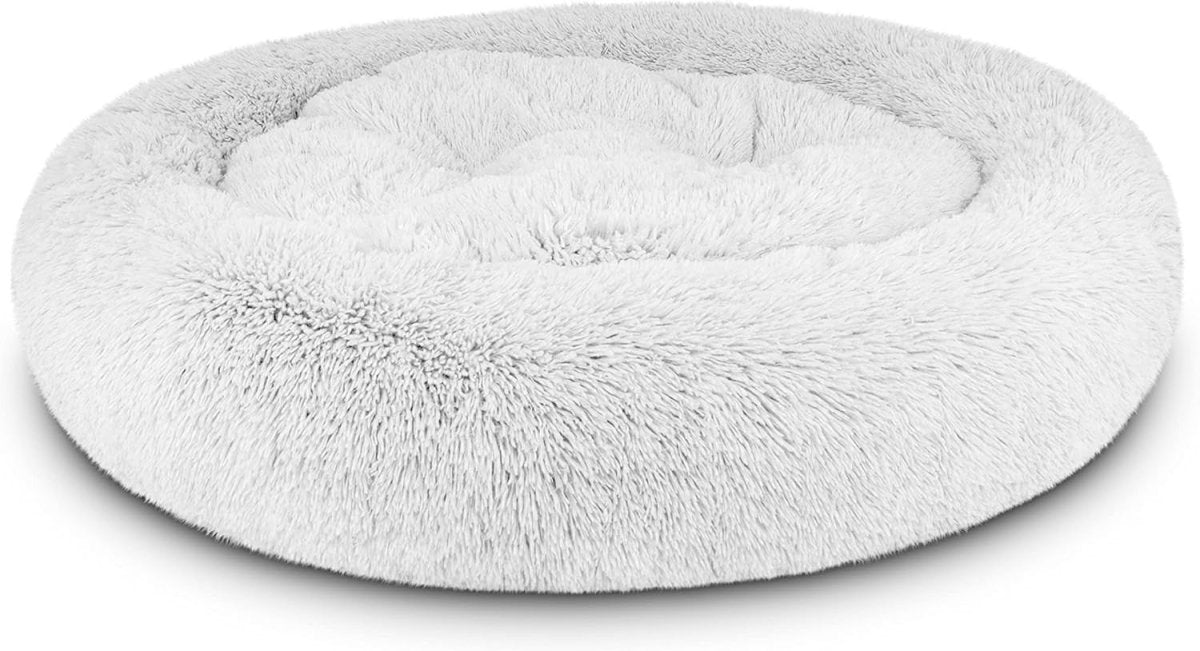 XL Plush Donut Dog Bed 114cm Calming Round Nest Ice White - Kwikley