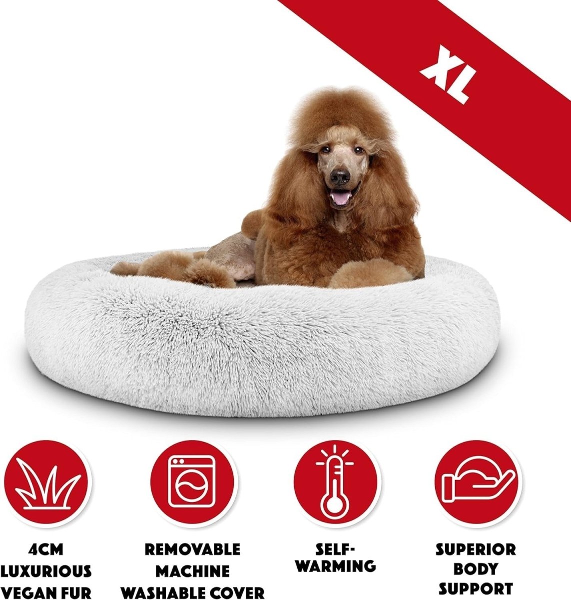 XL Plush Donut Dog Bed 114cm Calming Round Nest Ice White - Kwikley