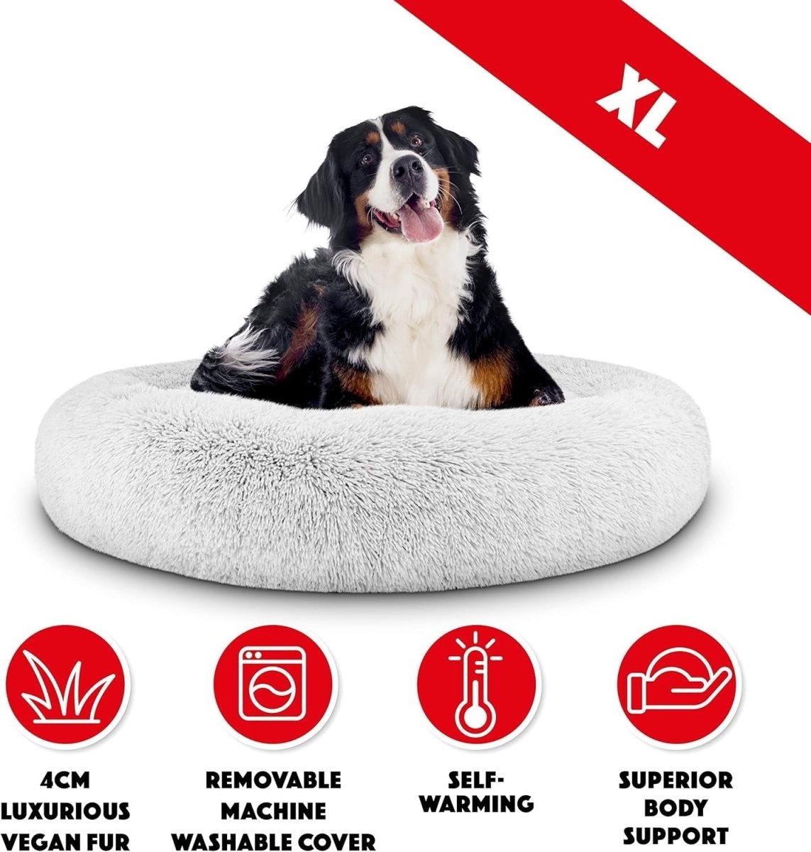 XL Plush Donut Dog Bed 114cm Calming Round Nest Ice White - Kwikley
