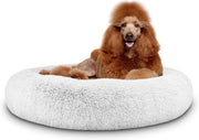 XL Plush Donut Dog Bed 114cm Calming Round Nest Ice White - Kwikley