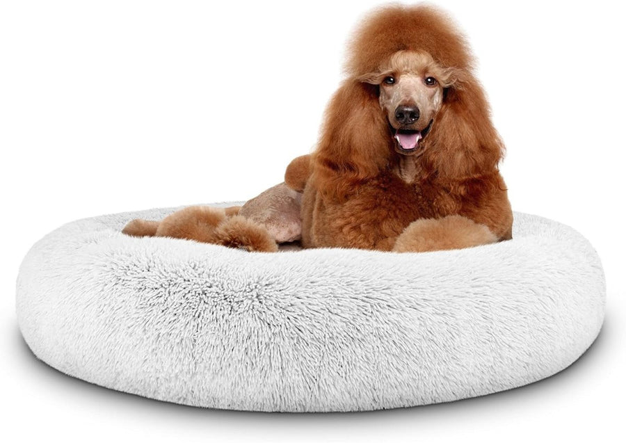 XL Plush Donut Dog Bed 114cm Calming Round Nest Ice White - Kwikley