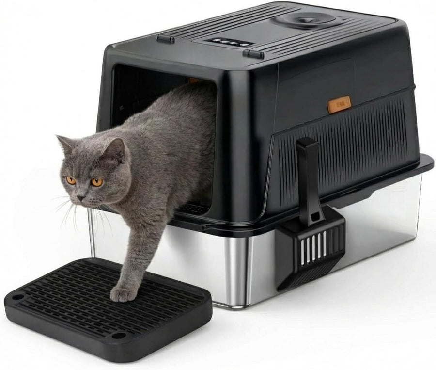 XL Stainless Steel Cat Litter Box Odor Control High Sided Enclosed - Kwikley