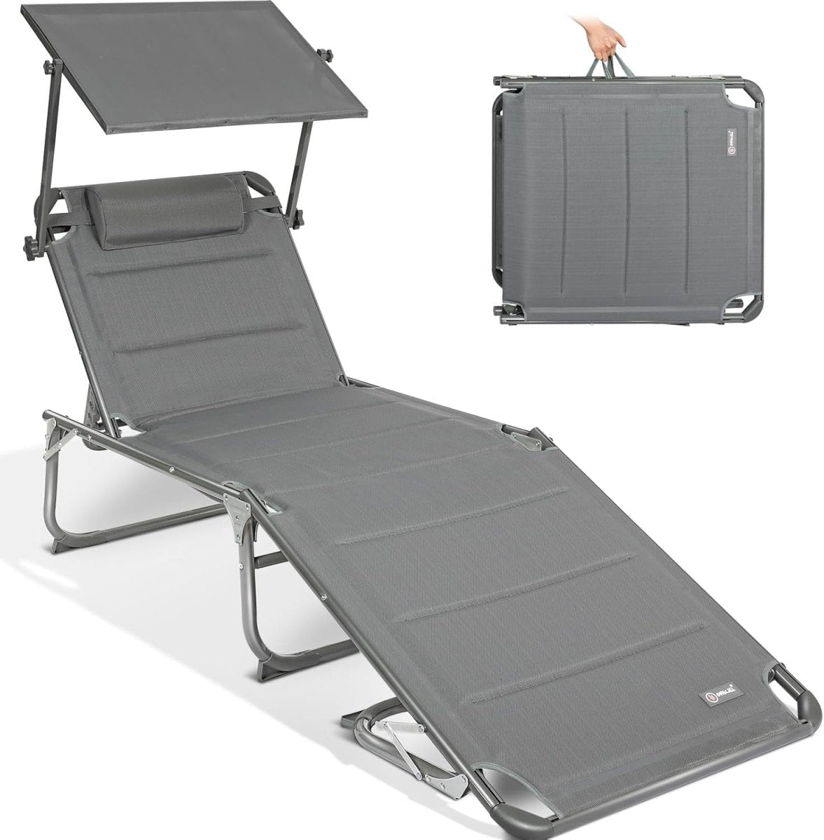 XXL Aluminium Sun Lounger with Sun Roof Adjustable Grey 200x70cm - Kwikley