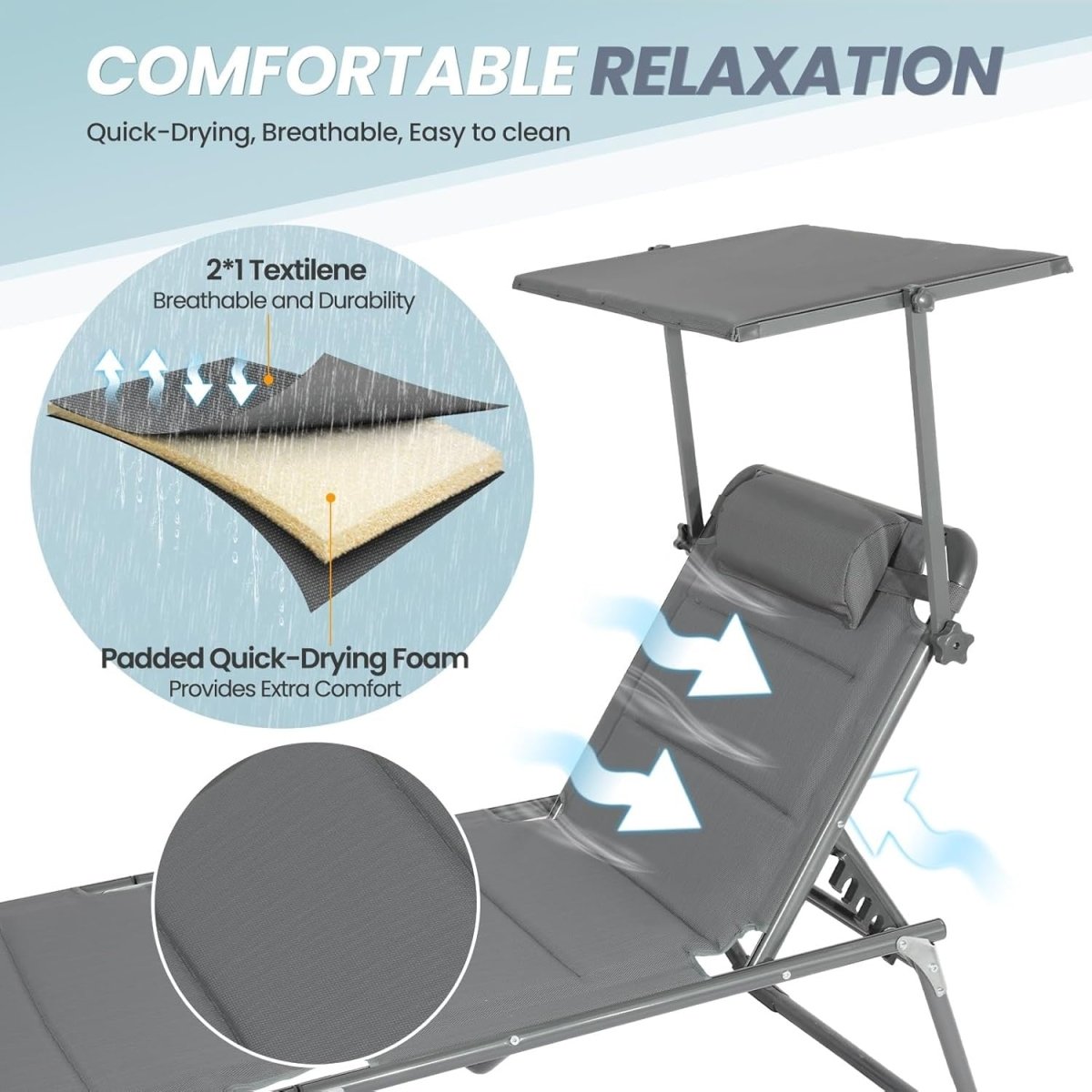 XXL Aluminium Sun Lounger with Sun Roof Adjustable Grey 200x70cm - Kwikley