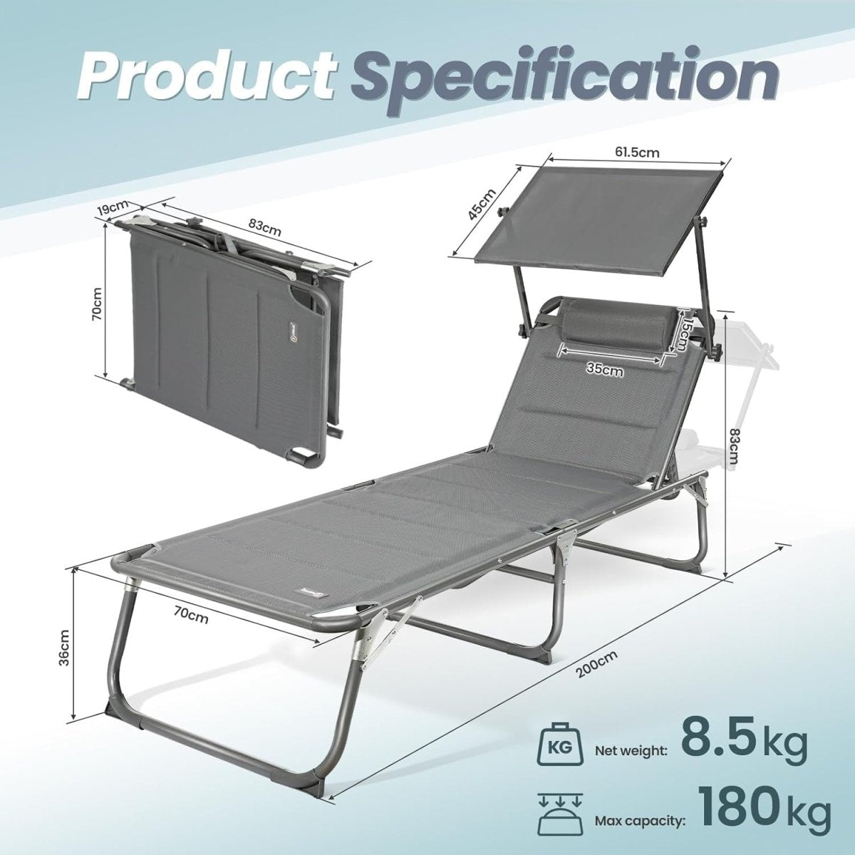 XXL Aluminium Sun Lounger with Sun Roof Adjustable Grey 200x70cm - Kwikley