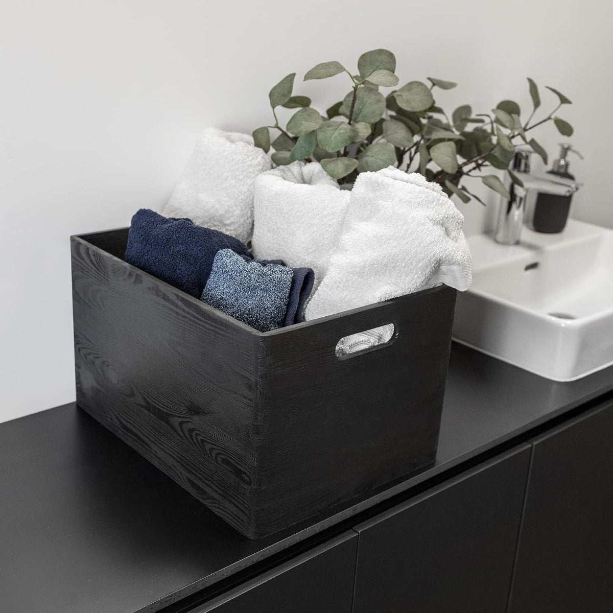 XXL Black Wooden Storage Crate 40x30x24cm with Handles for Home & Kitchen - Kwikley