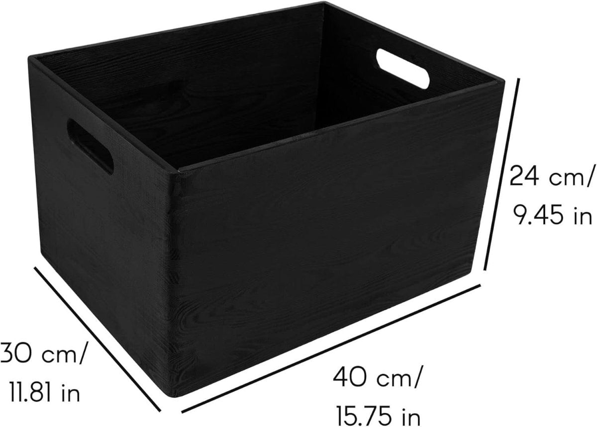 XXL Black Wooden Storage Crate 40x30x24cm with Handles for Home & Kitchen - Kwikley