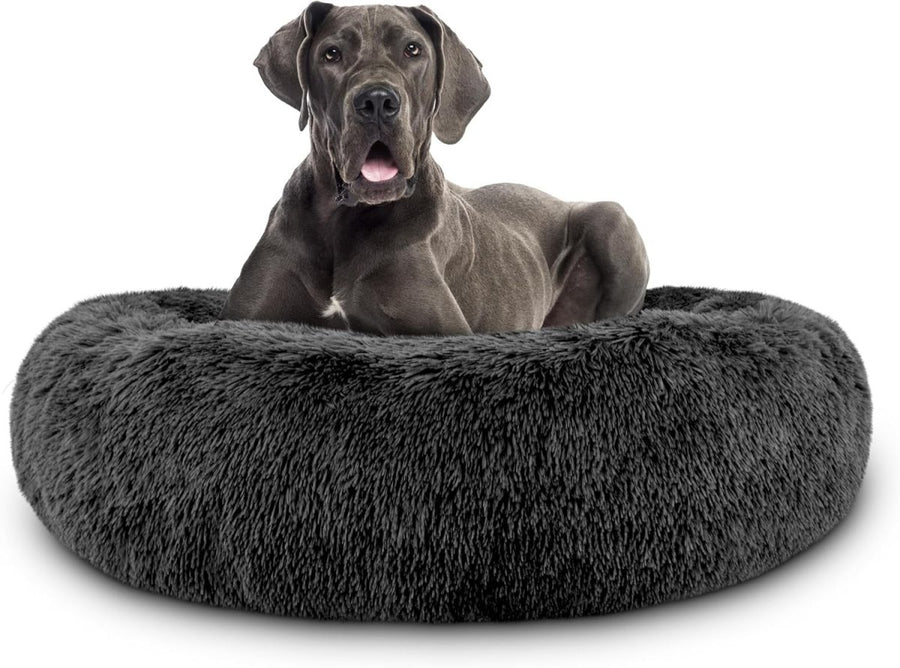 XXL Plush Donut Dog Bed 137cm Calming Round Nest Grey - Kwikley