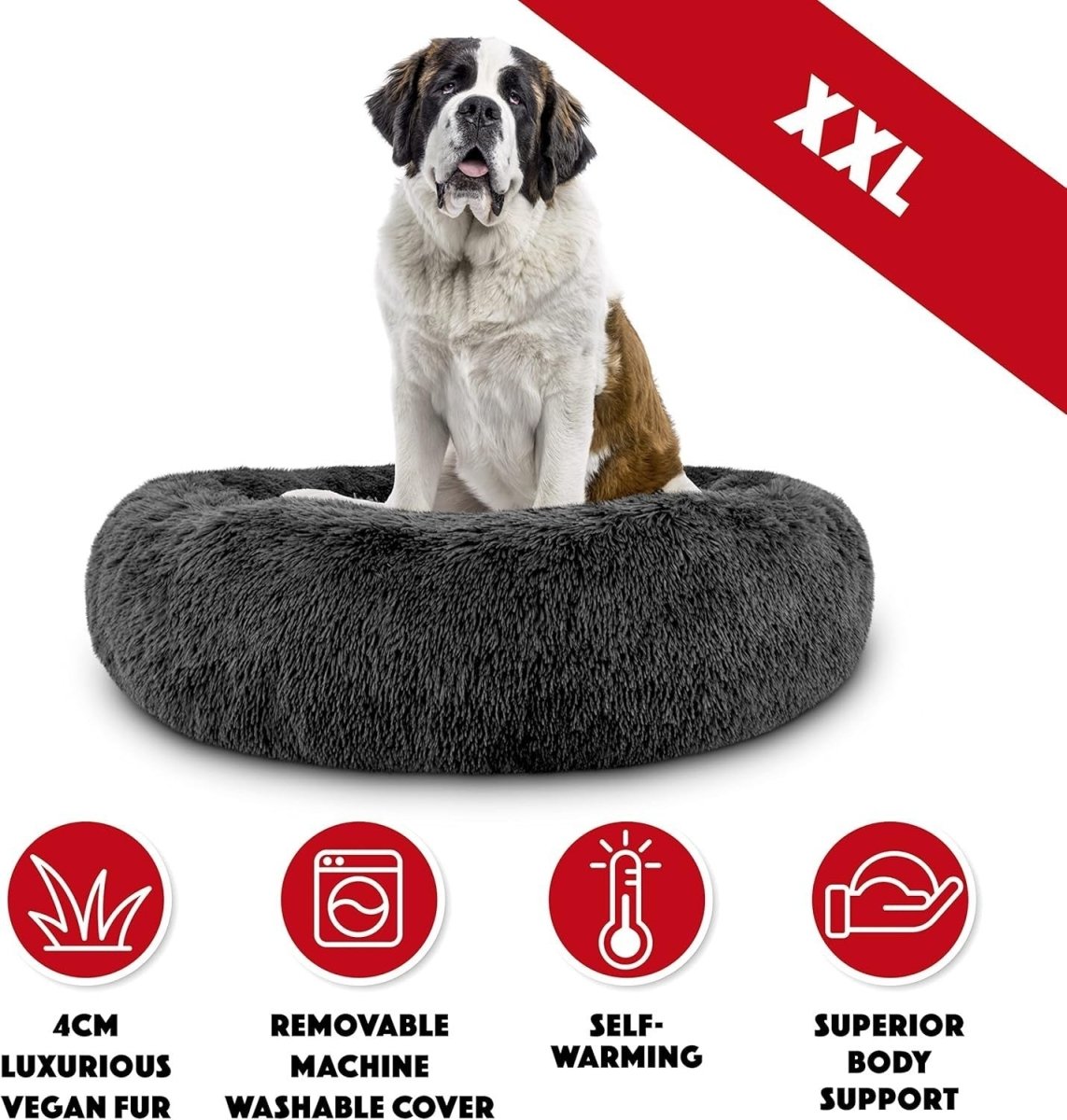 XXL Plush Donut Dog Bed 137cm Calming Round Nest Grey - Kwikley