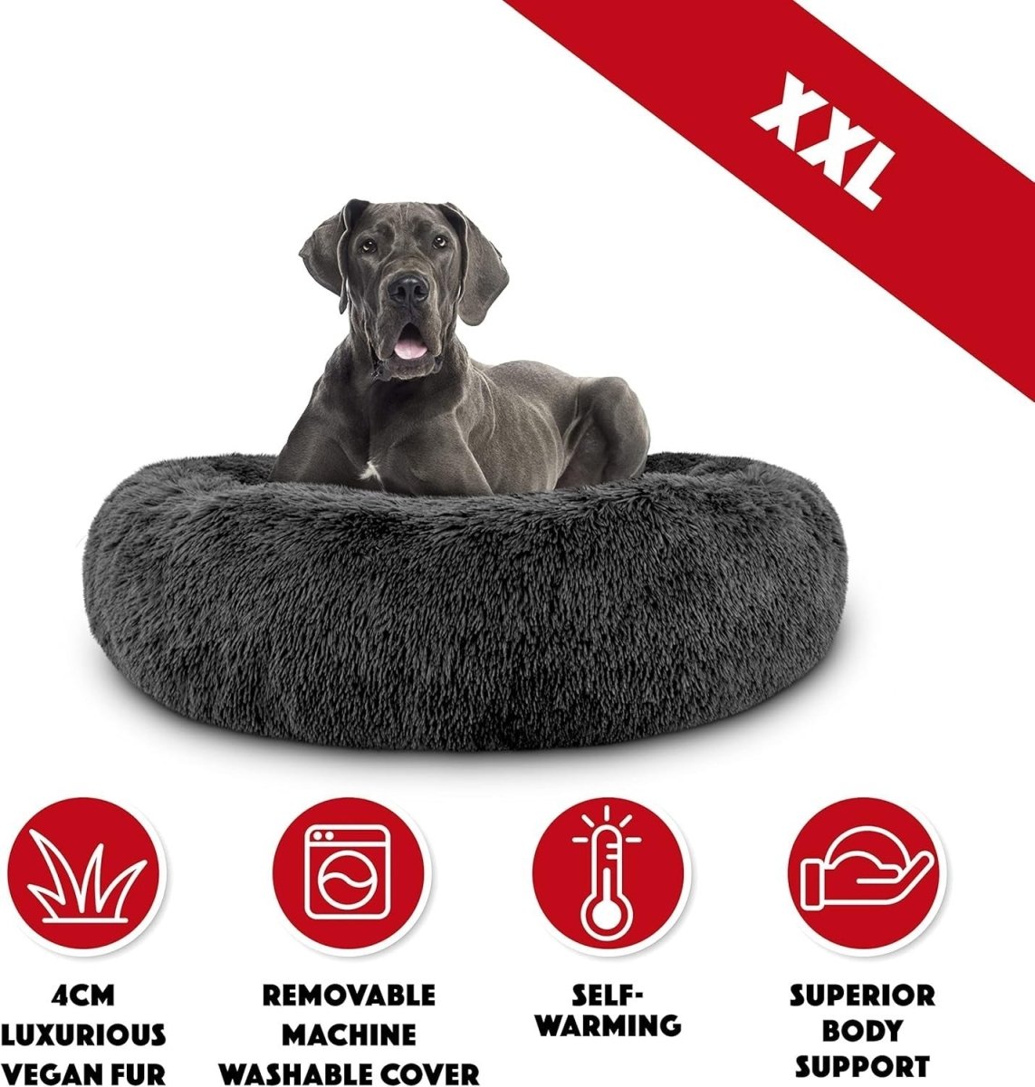 XXL Plush Donut Dog Bed 137cm Calming Round Nest Grey - Kwikley