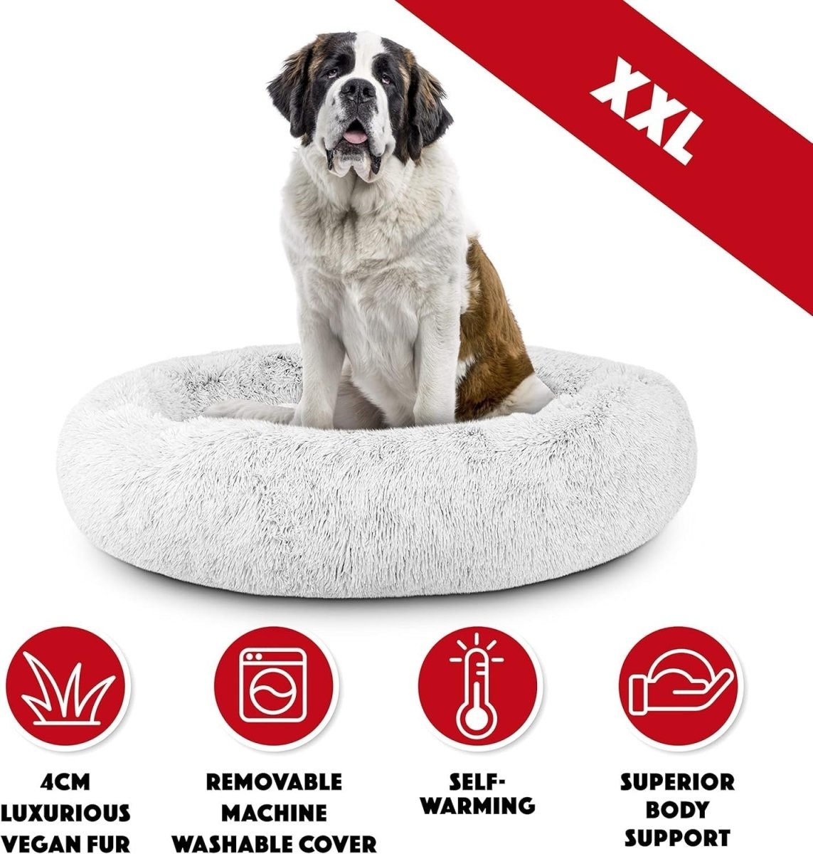 XXL Plush Donut Dog Bed 137cm Calming Round Nest Ice White - Kwikley