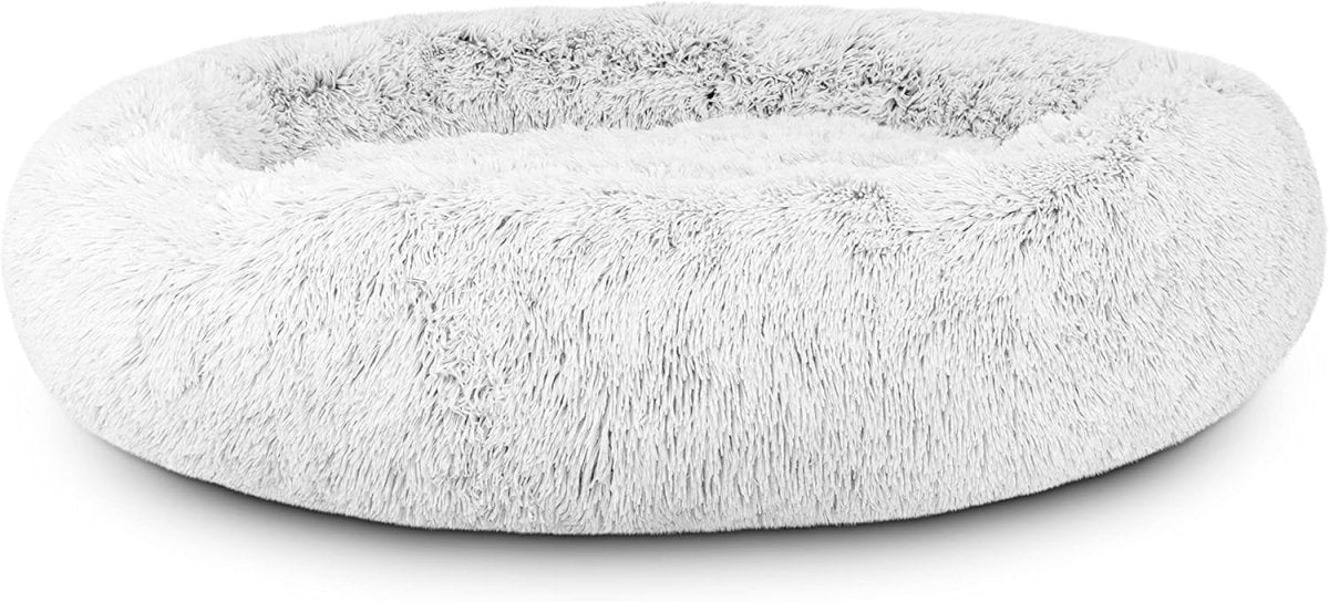 XXL Plush Donut Dog Bed 137cm Calming Round Nest Ice White - Kwikley