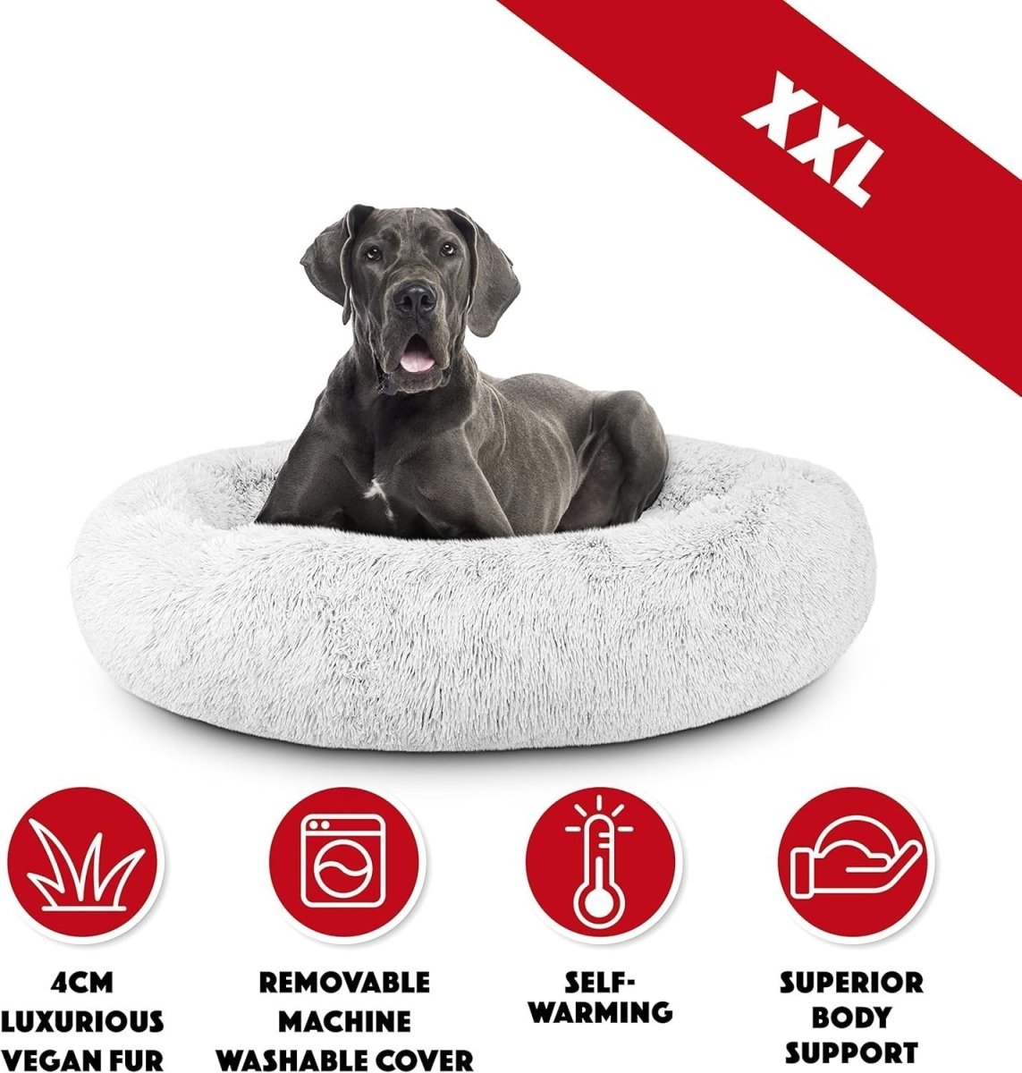 XXL Plush Donut Dog Bed 137cm Calming Round Nest Ice White - Kwikley