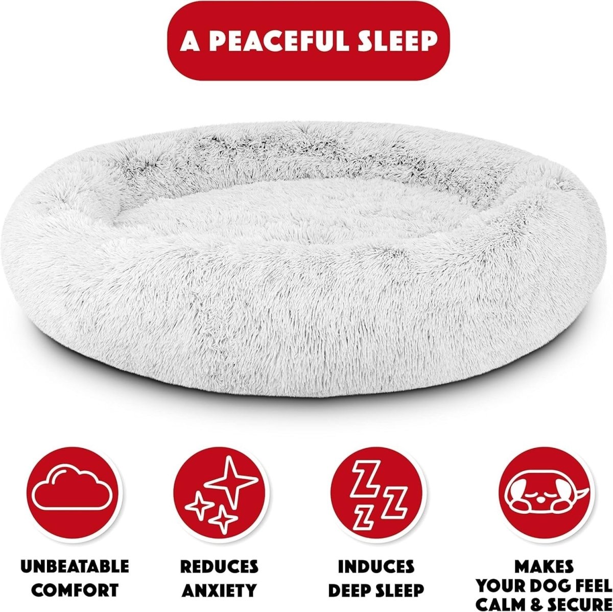 XXL Plush Donut Dog Bed 137cm Calming Round Nest Ice White - Kwikley