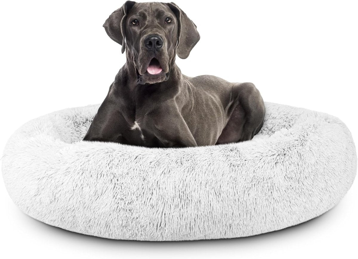 XXL Plush Donut Dog Bed 137cm Calming Round Nest Ice White - Kwikley