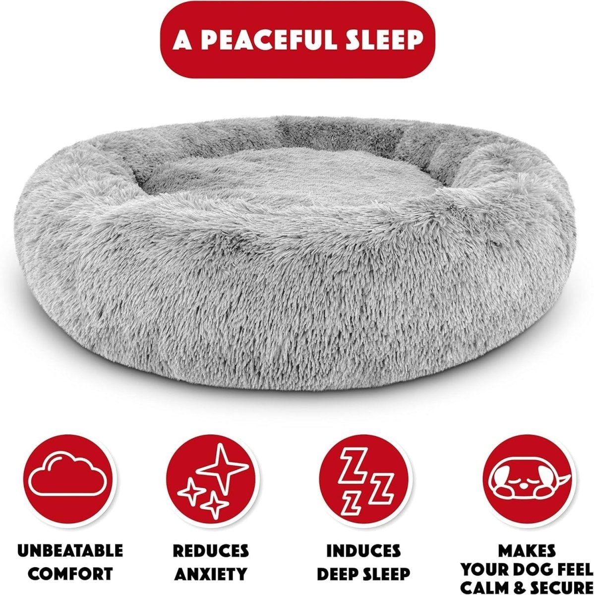 XXL Plush Donut Dog Bed 137cm Calming Round Nest Silver - Kwikley