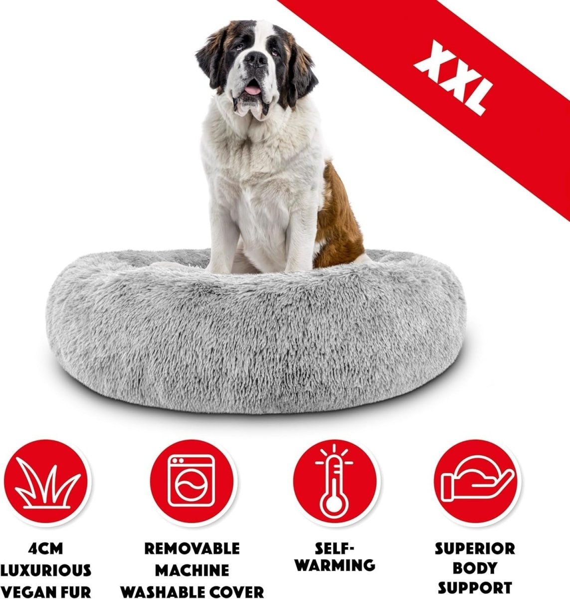 XXL Plush Donut Dog Bed 137cm Calming Round Nest Silver - Kwikley