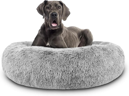 XXL Plush Donut Dog Bed 137cm Calming Round Nest Silver - Kwikley