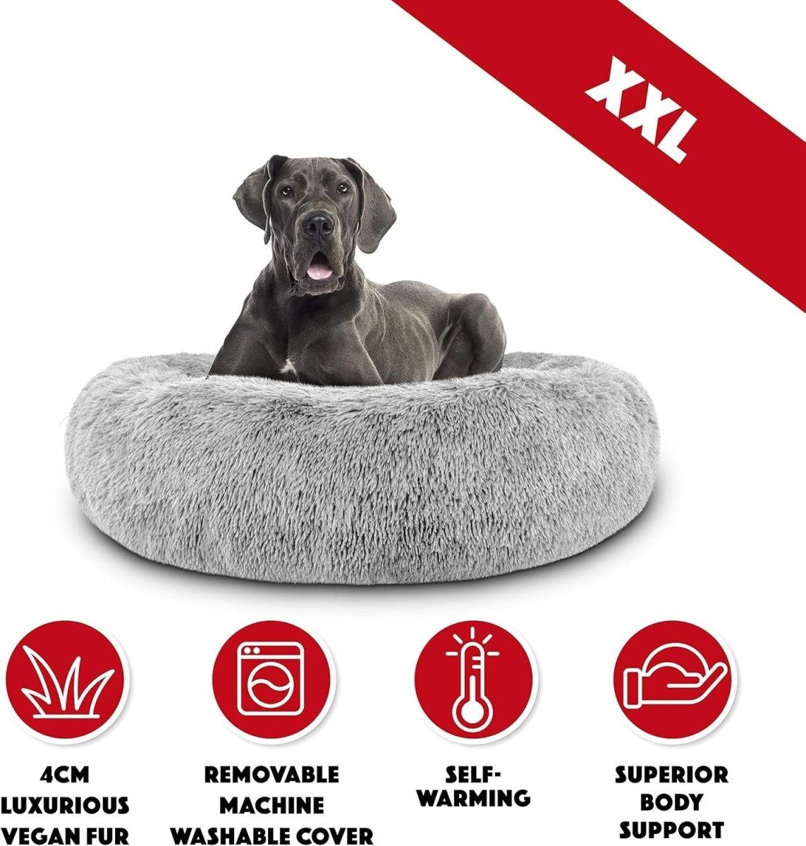 XXL Plush Donut Dog Bed 137cm Calming Round Nest Silver - Kwikley