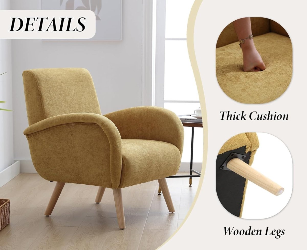 Yellow Accent Chair Armchair Tub Chair Chenille Wood Legs Lounge Room - Kwikley