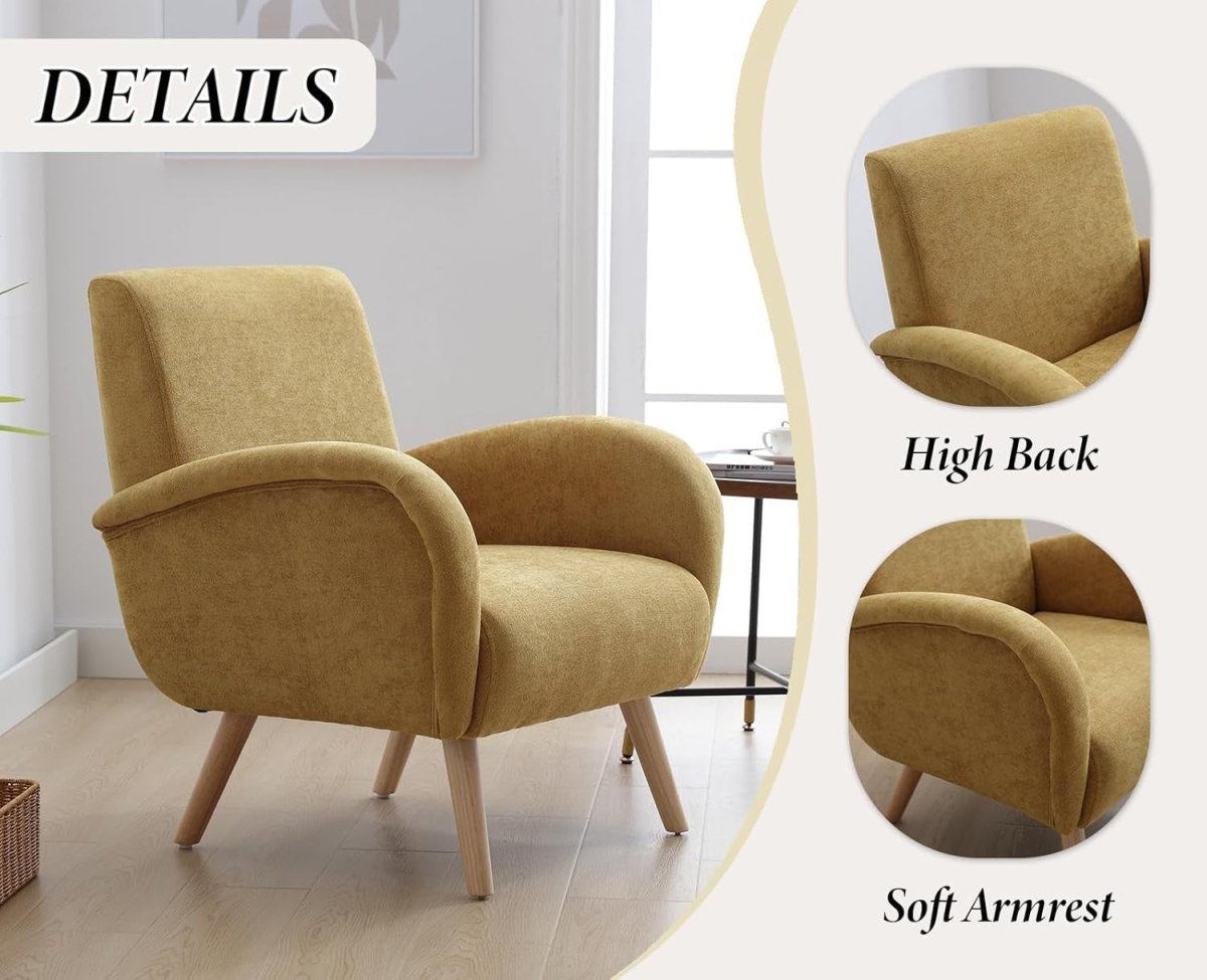 Yellow Accent Chair Armchair Tub Chair Chenille Wood Legs Lounge Room - Kwikley
