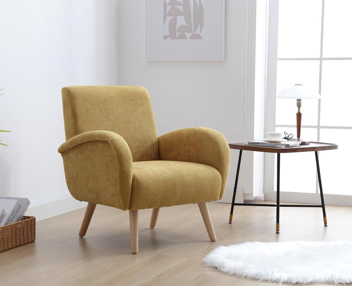 Yellow Accent Chair Armchair Tub Chair Chenille Wood Legs Lounge Room - Kwikley