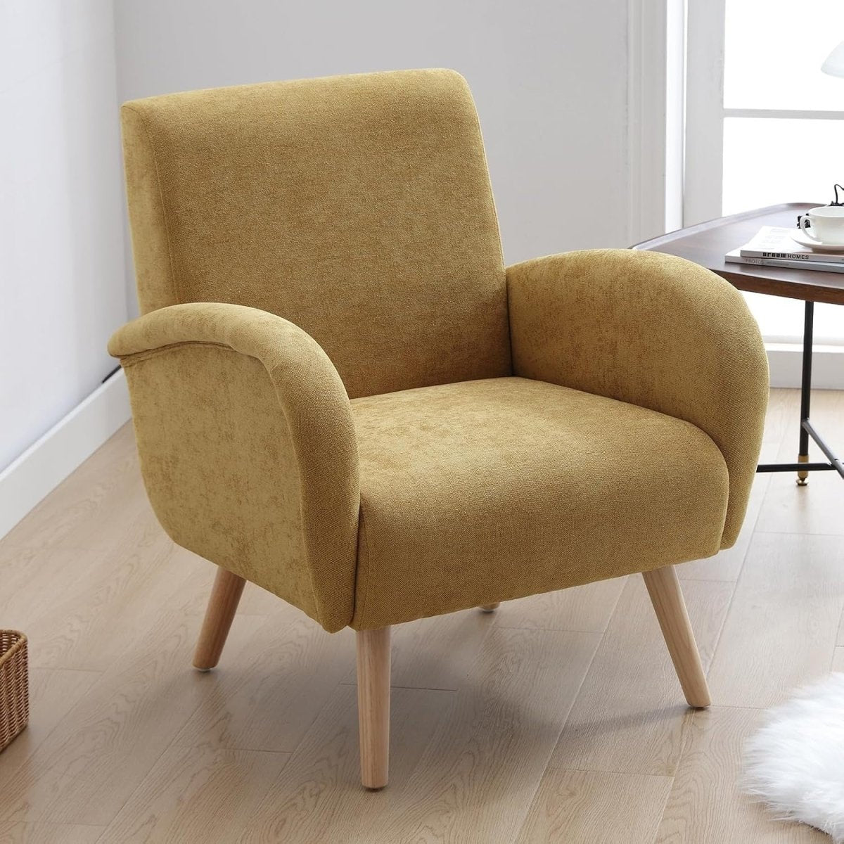 Yellow Accent Chair Armchair Tub Chair Chenille Wood Legs Lounge Room - Kwikley