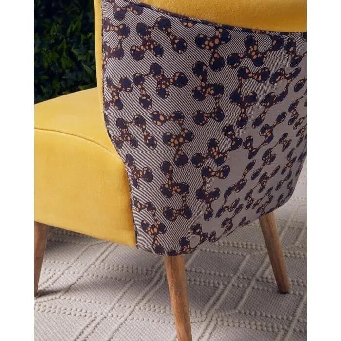 Yellow Accent Chair with High Back Print Fabric & Mango Wood Legs - Kwikley