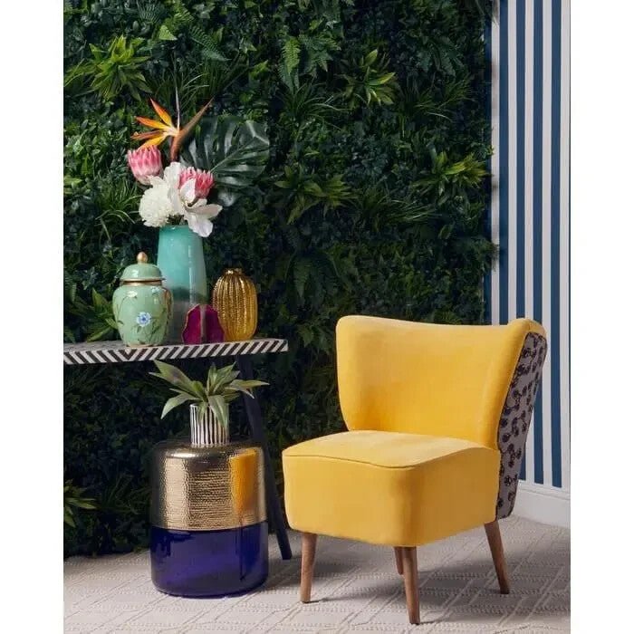 Yellow Accent Chair with High Back Print Fabric & Mango Wood Legs - Kwikley