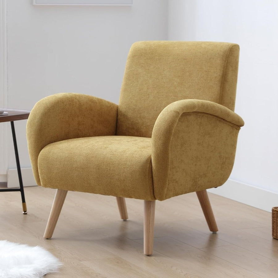Yellow Chenille Accent Armchair High Back Lounge Chair Wooden Legs Modern - Kwikley