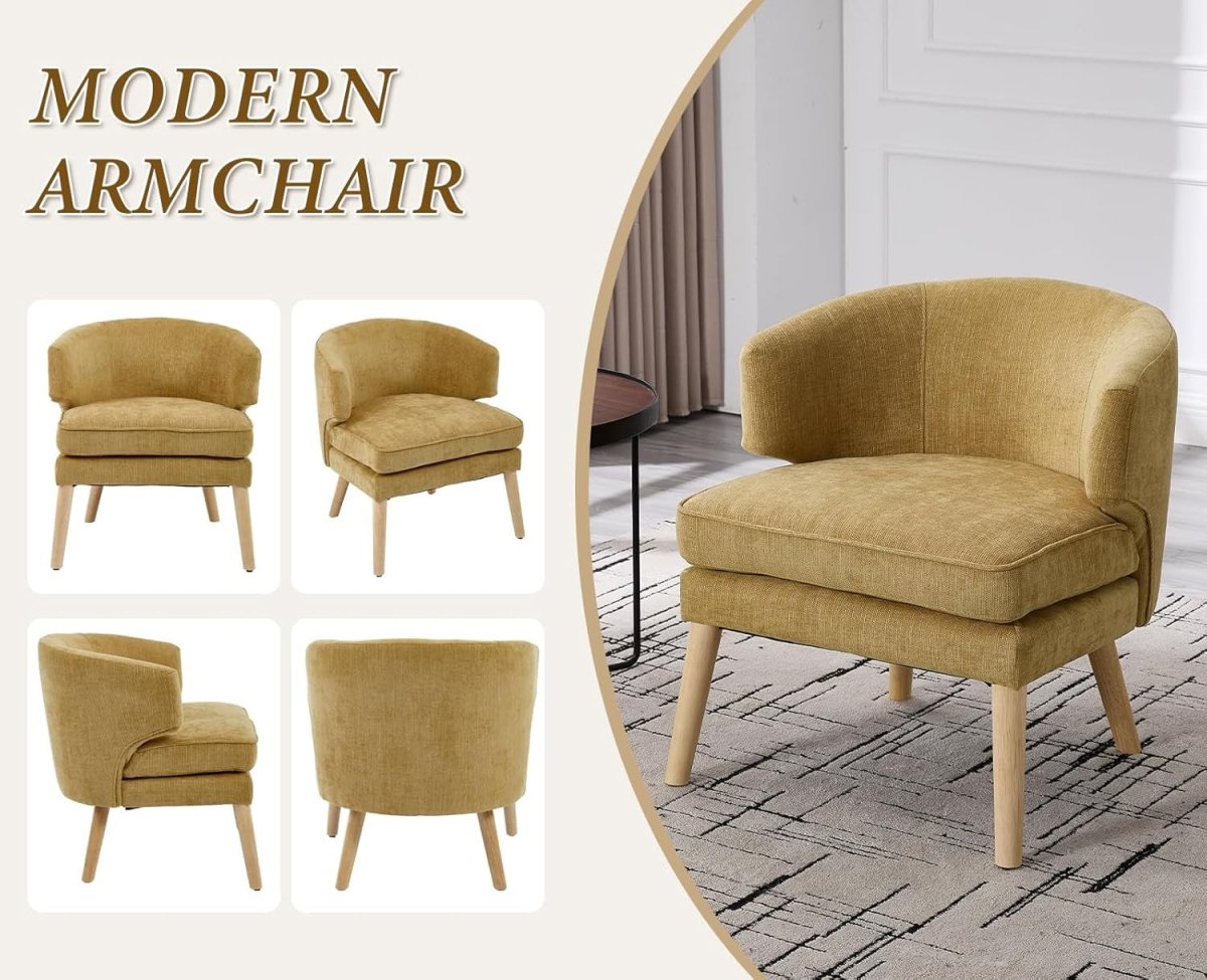 Yellow Chenille Accent Chair Upholstered Tub Armchair Wooden Legs - Kwikley