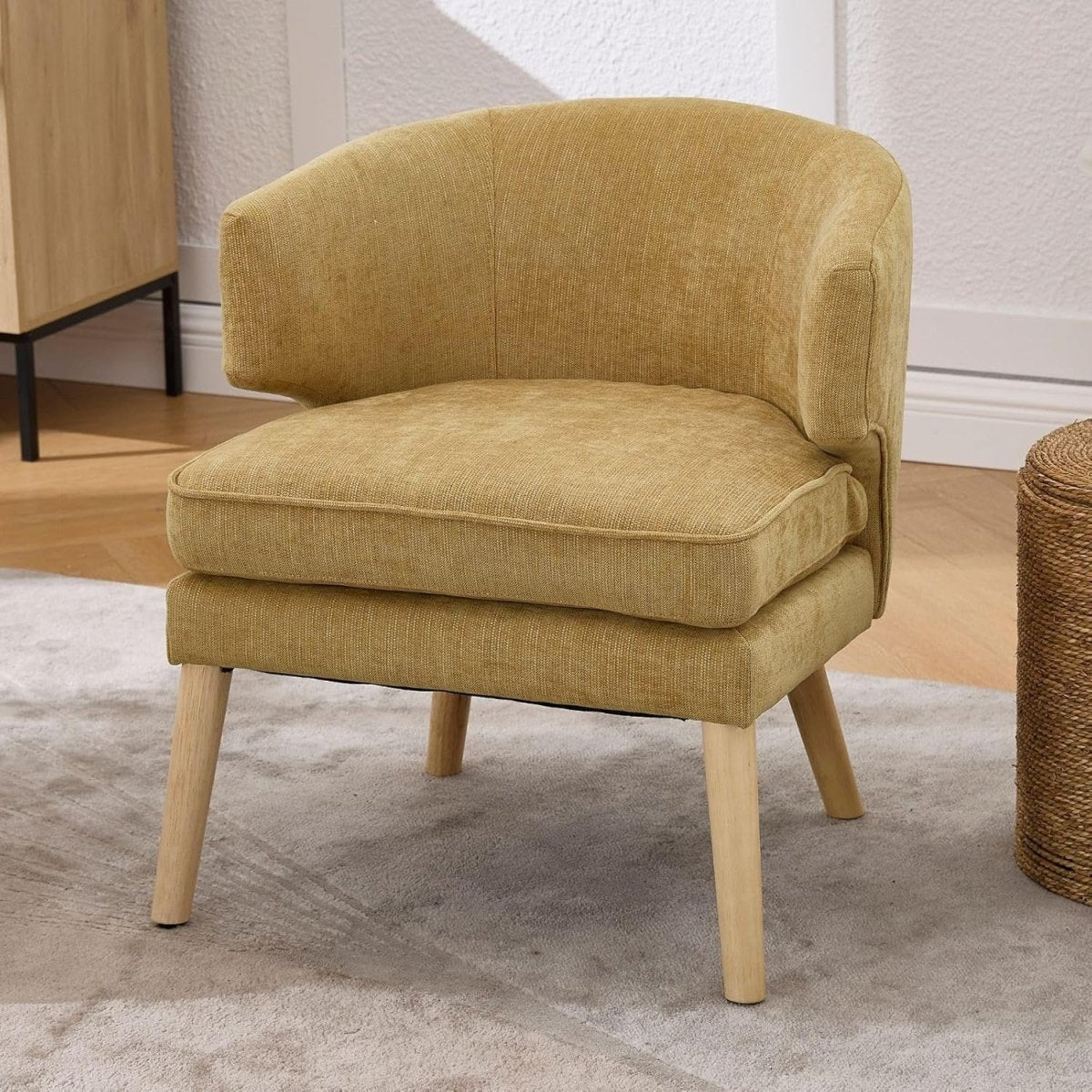 Yellow Chenille Accent Chair Upholstered Tub Armchair Wooden Legs - Kwikley