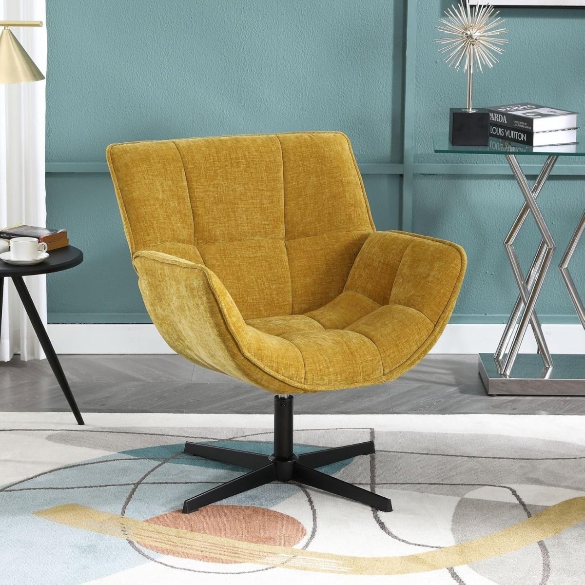 Yellow Chenille Swivel Accent Chair 360° Fabric Tub Armchair - Kwikley