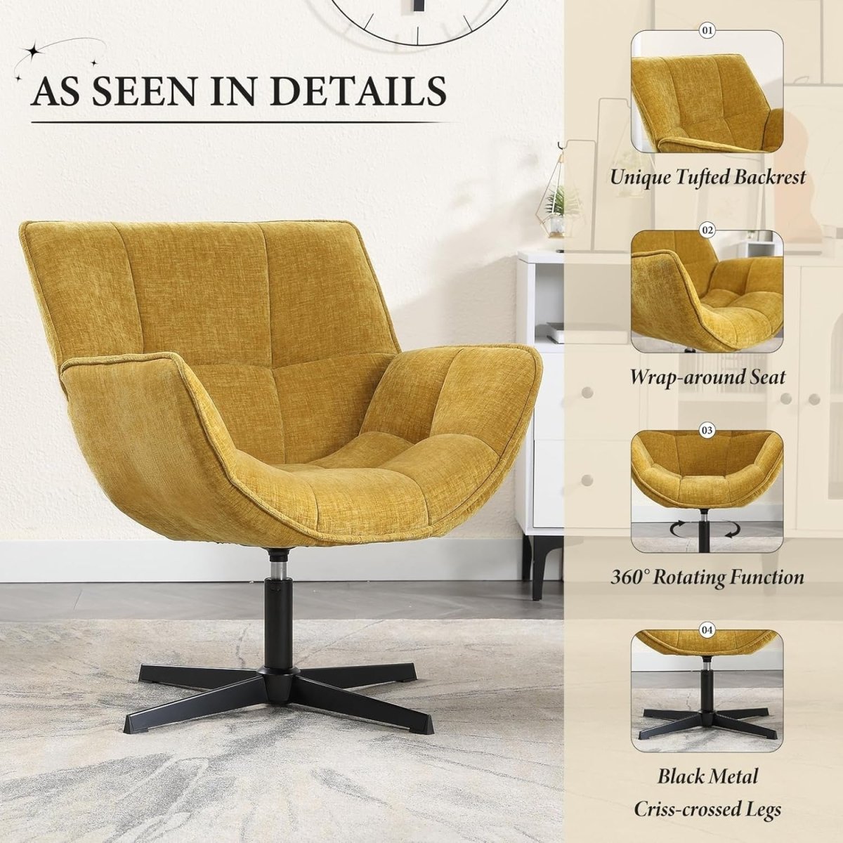 Yellow Chenille Swivel Accent Chair 360° Fabric Tub Armchair - Kwikley