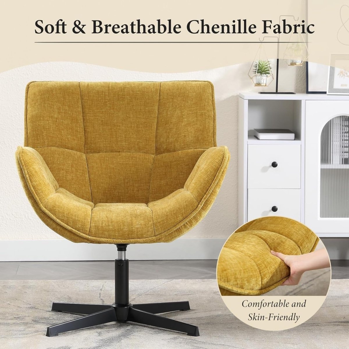 Yellow Chenille Swivel Accent Chair 360° Fabric Tub Armchair - Kwikley