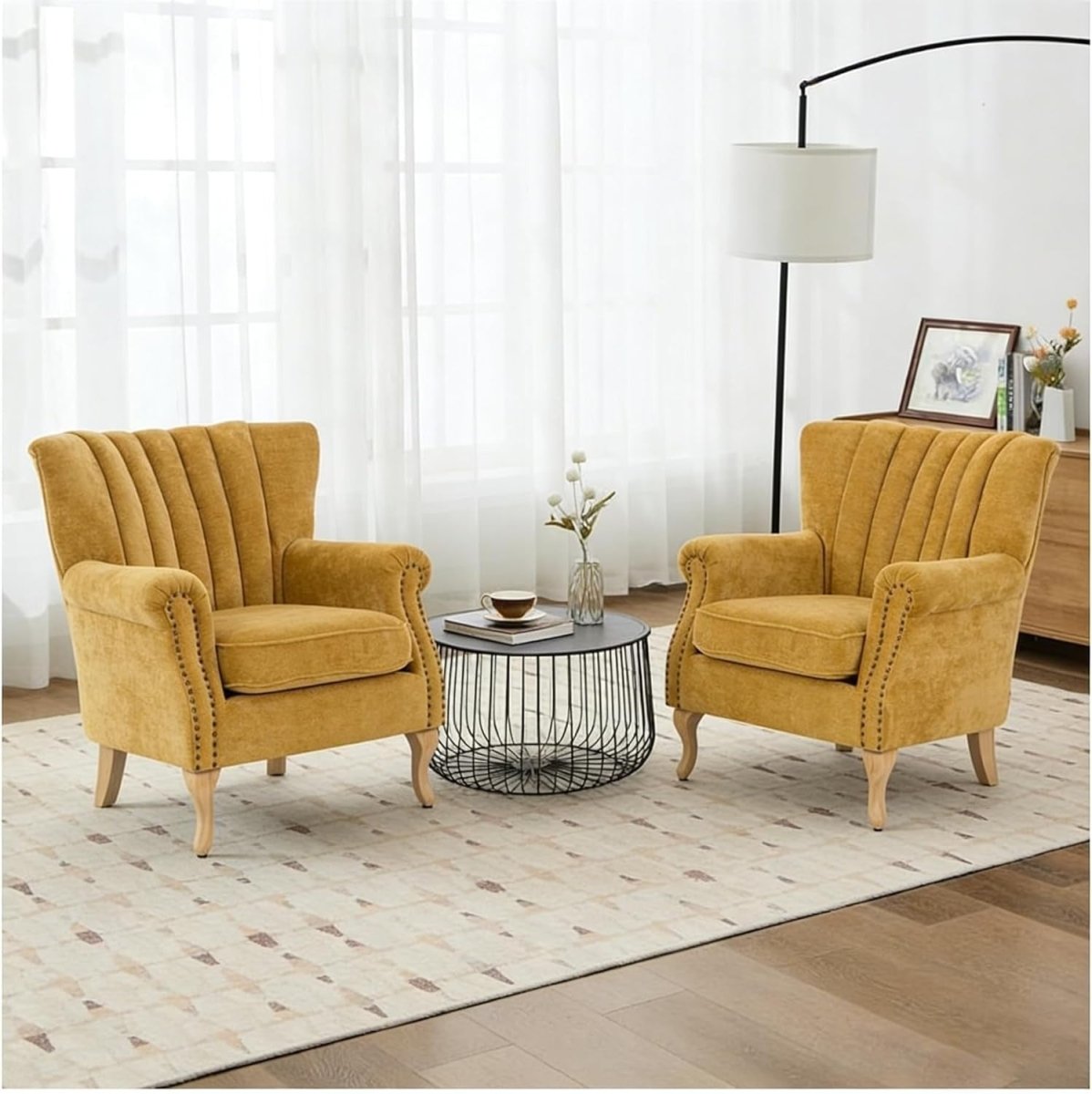 Yellow Chenille Wingback Accent Chair Fireside Armchair Wood Legs - Kwikley