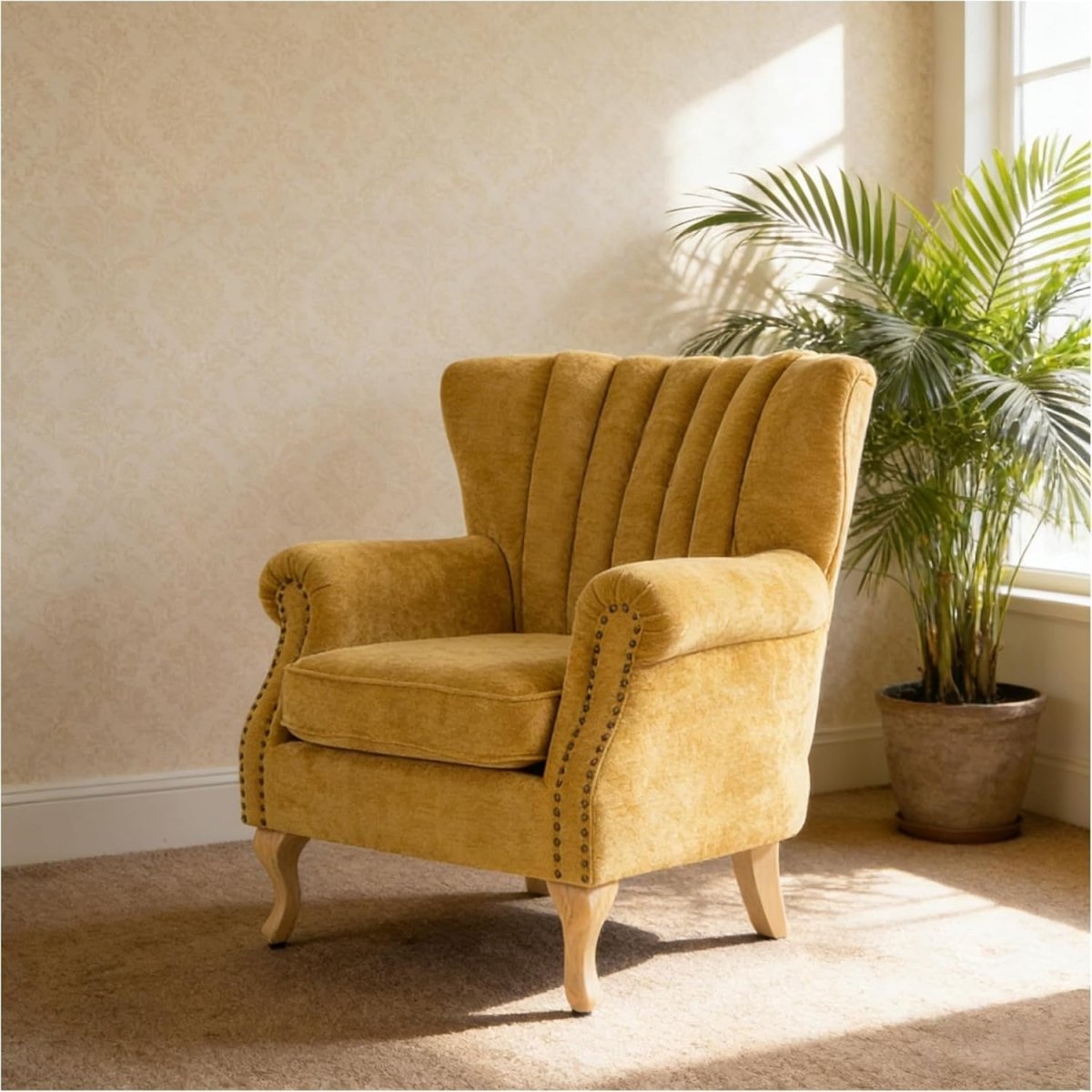 Yellow Chenille Wingback Accent Chair Fireside Armchair Wood Legs - Kwikley