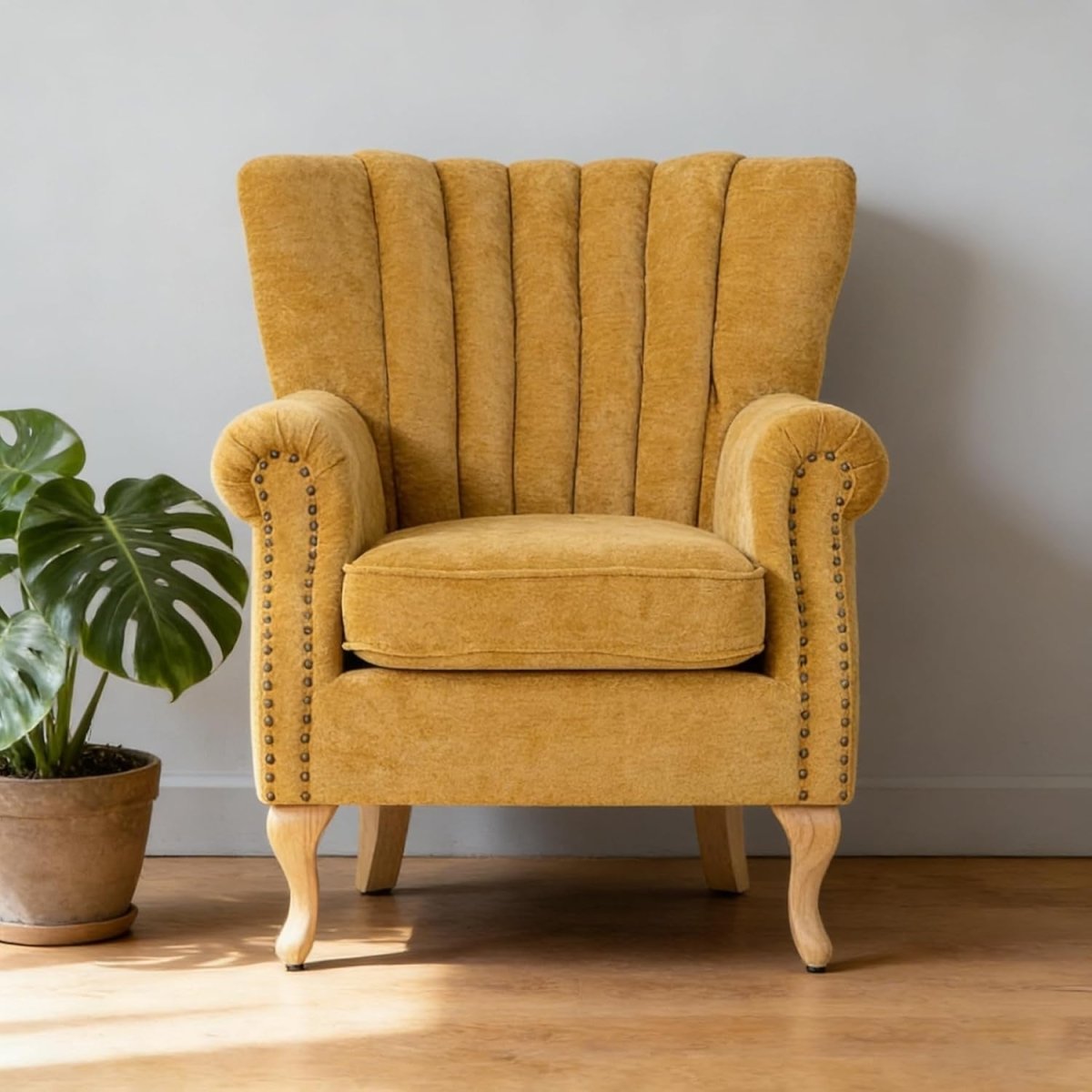 Yellow Chenille Wingback Accent Chair Fireside Armchair Wood Legs - Kwikley
