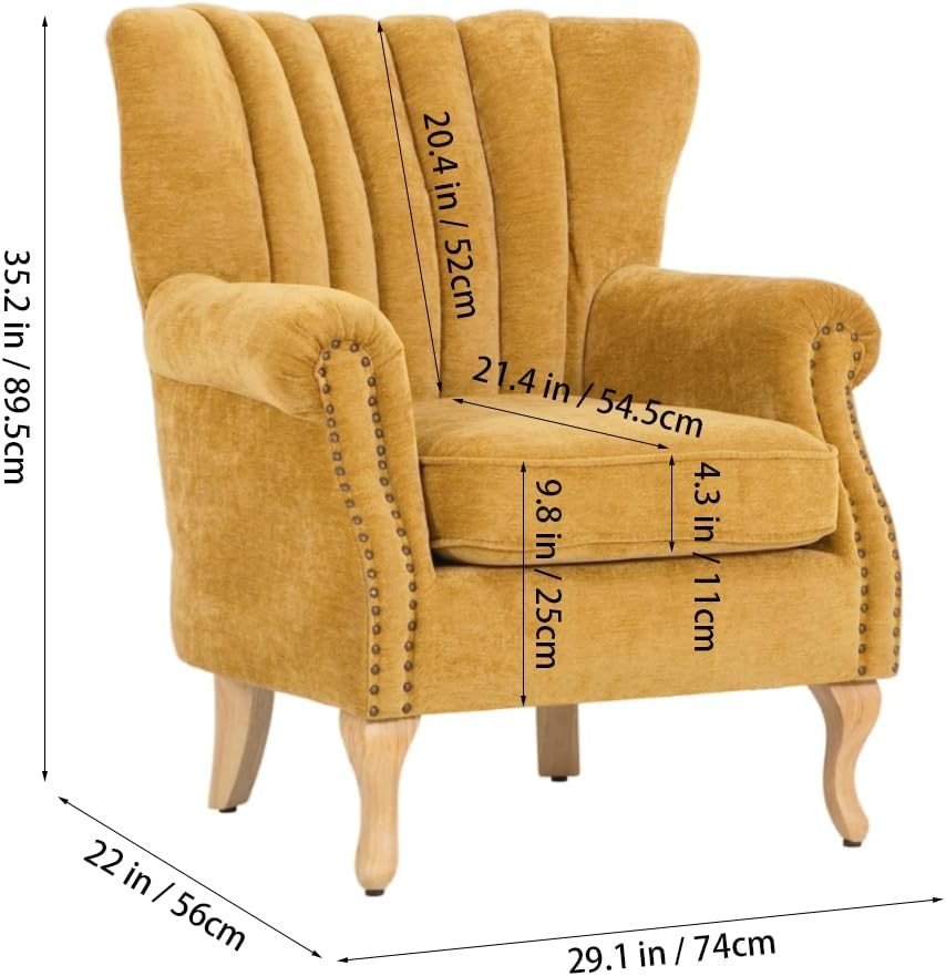 Yellow Chenille Wingback Accent Chair Fireside Armchair Wood Legs - Kwikley