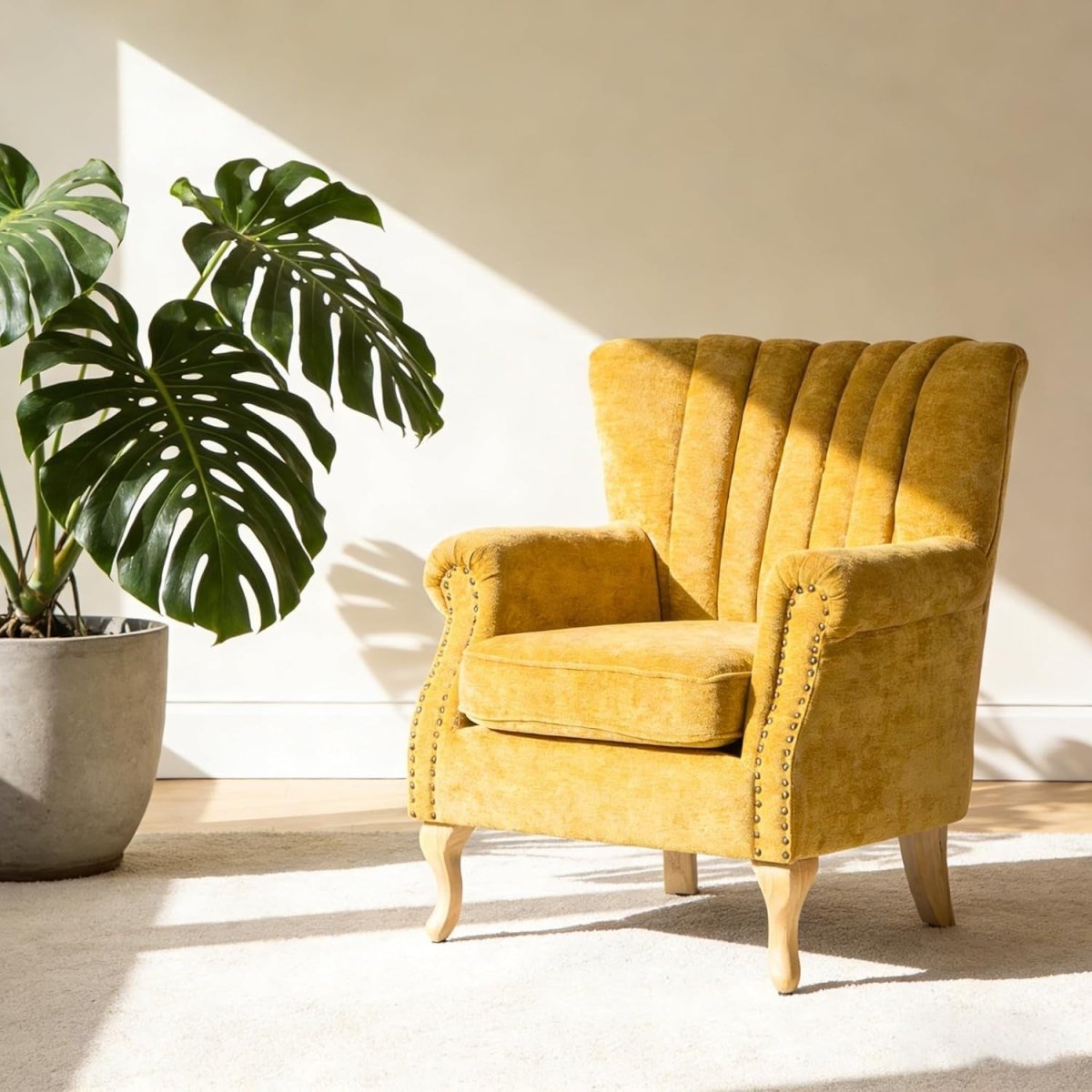 Yellow Chenille Wingback Accent Chair Fireside Armchair Wood Legs - Kwikley