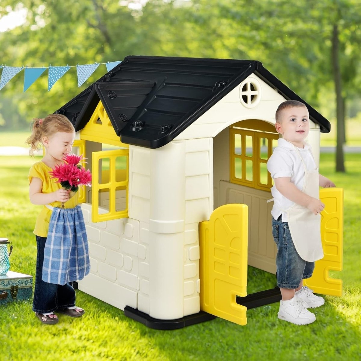 Yellow Kids Outdoor Playhouse Cottage Picnic Table Pretend Play Set - Kwikley